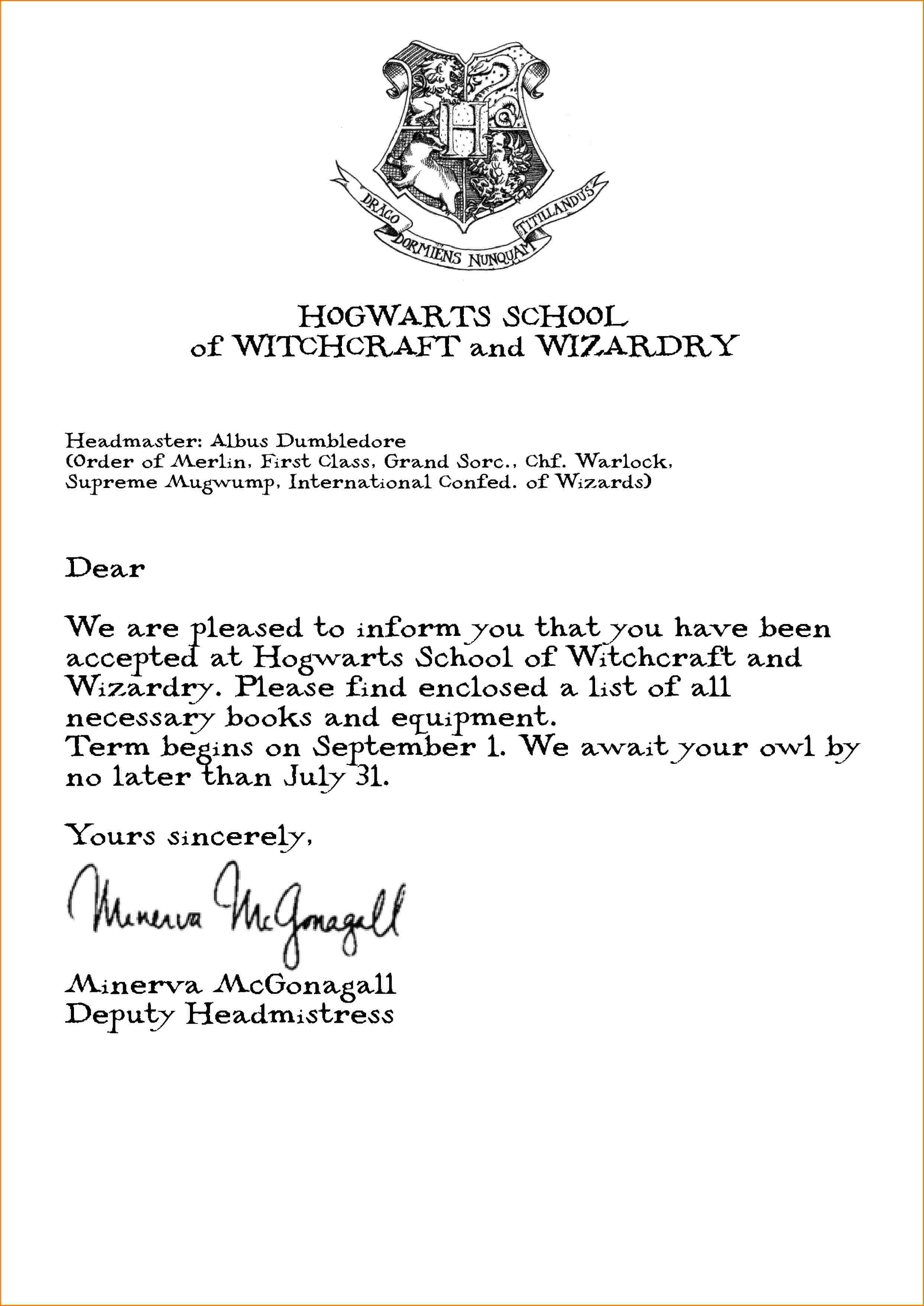 hogwarts letter of acceptance printable