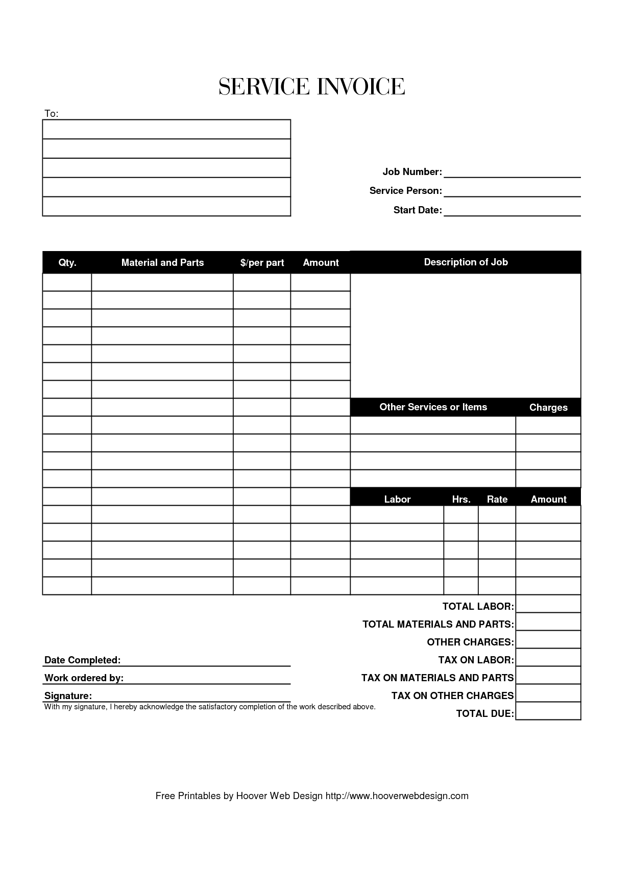 Hoover Receipts | Free Printable Service Invoice Template - Pdf - Free Printable Blank Receipt Form