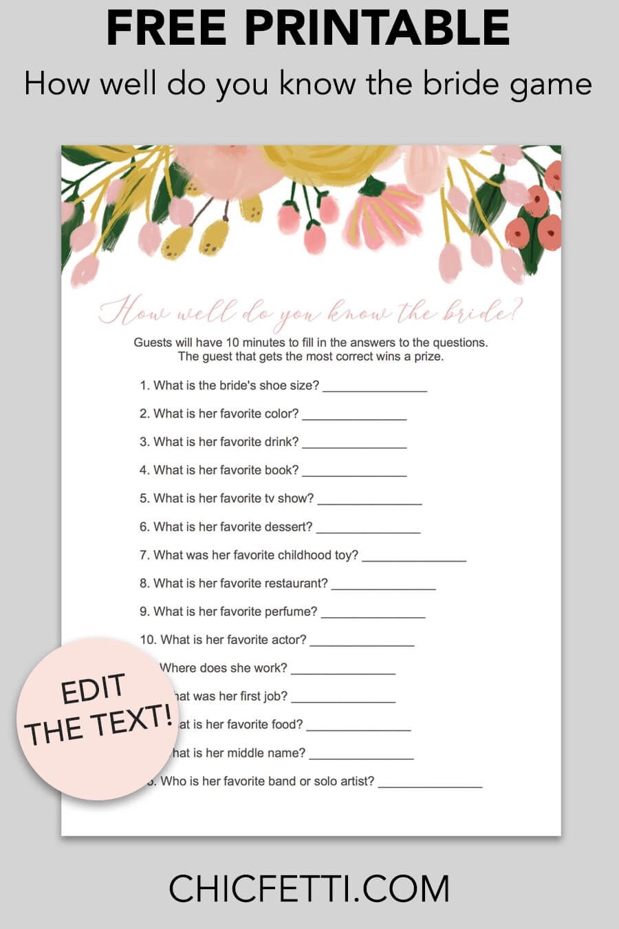 How Well Do You Know The Bride Bridal Shower Game (Whimsical - How Well Do You Know The Bride Free Printable