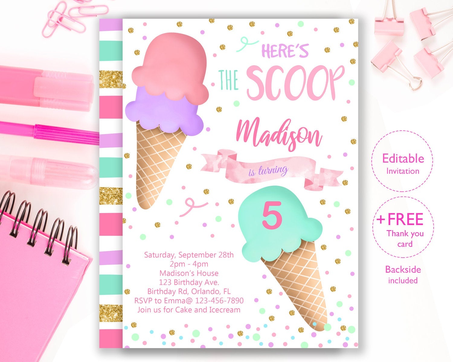 Ice Cream Party Invitation Editable Ice Cream Birthday | Etsy - Ice Cream Party Invitations Printable Free
