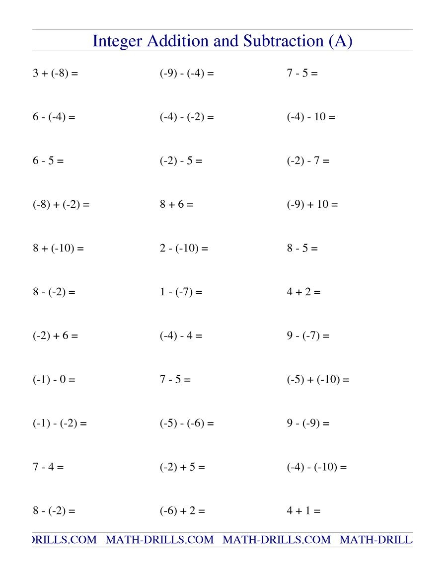 Integer Addition And Subtraction (Range -10 To 10) (A) - Free Printable Integer Worksheets Grade 7