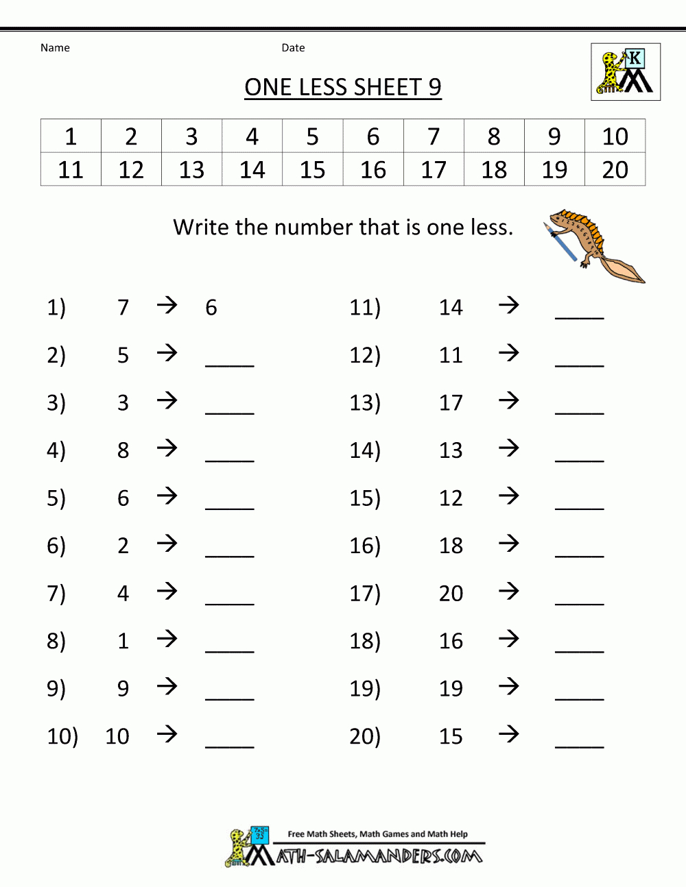 Kindergarten Math Printable Worksheets - One Less - Free Printable Math Worksheets For Adults