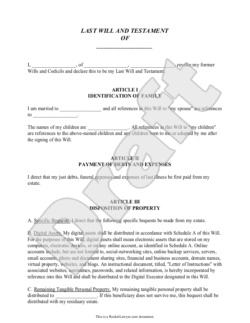 Last Will - Free Last Will And Testament Form, Document Sample - Free Printable Will Forms