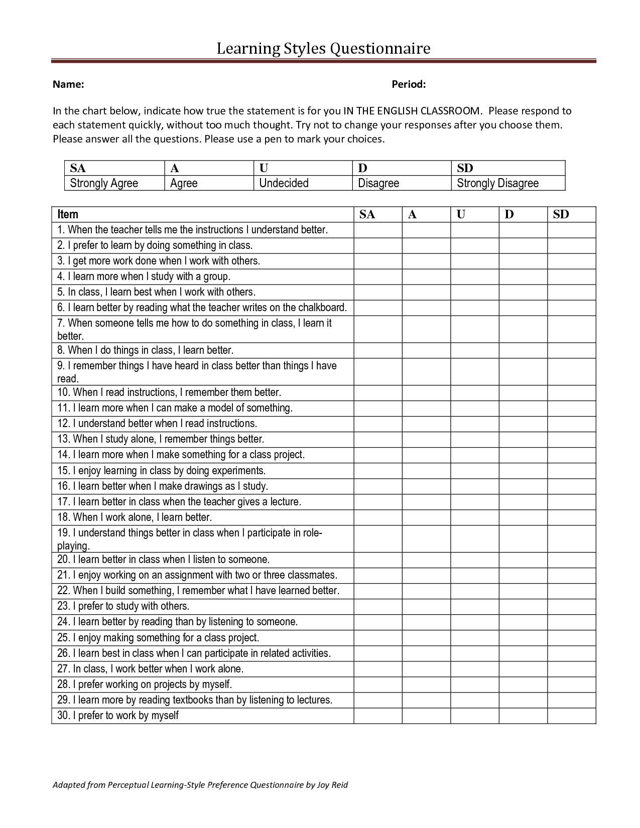 Free Learning Style Assessment Printable Printable Templates