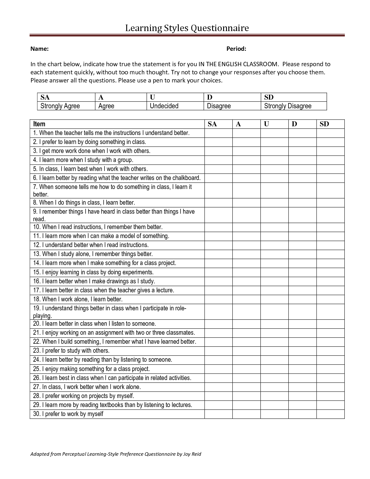 Printable Learning Styles Activity Worksheets Printable Word Searches
