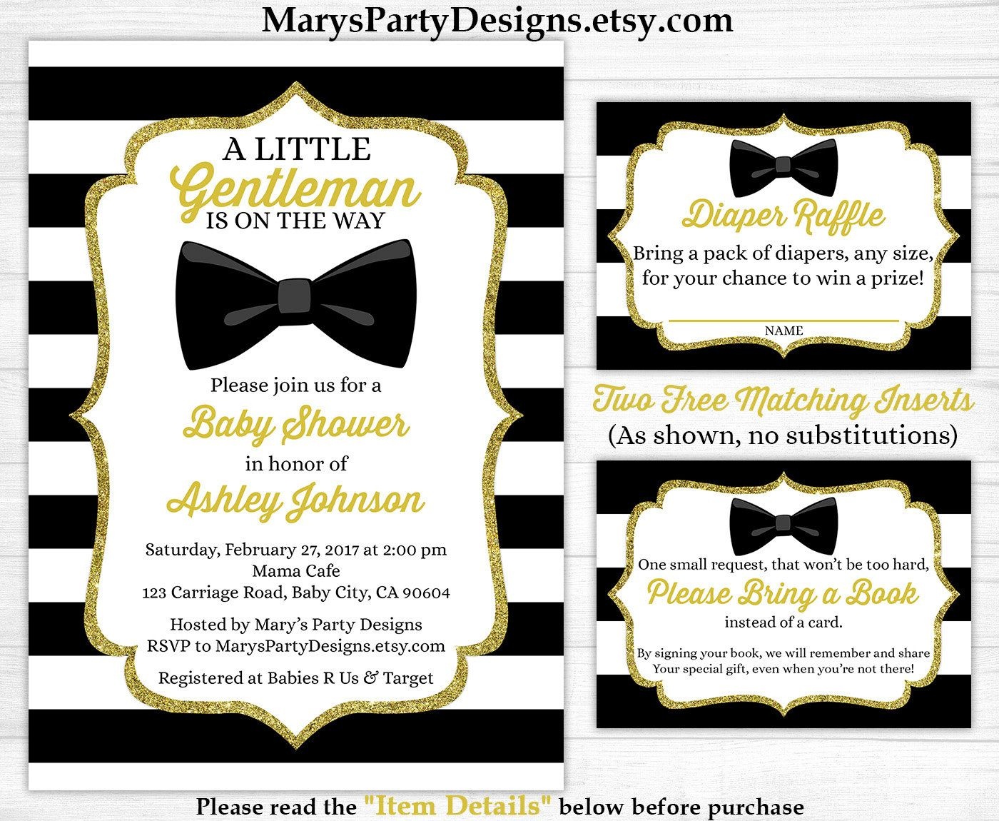Little Gentleman Baby Shower Invitation - Boy Gold Black White - Free Printable Black And White Baby Shower Invitations