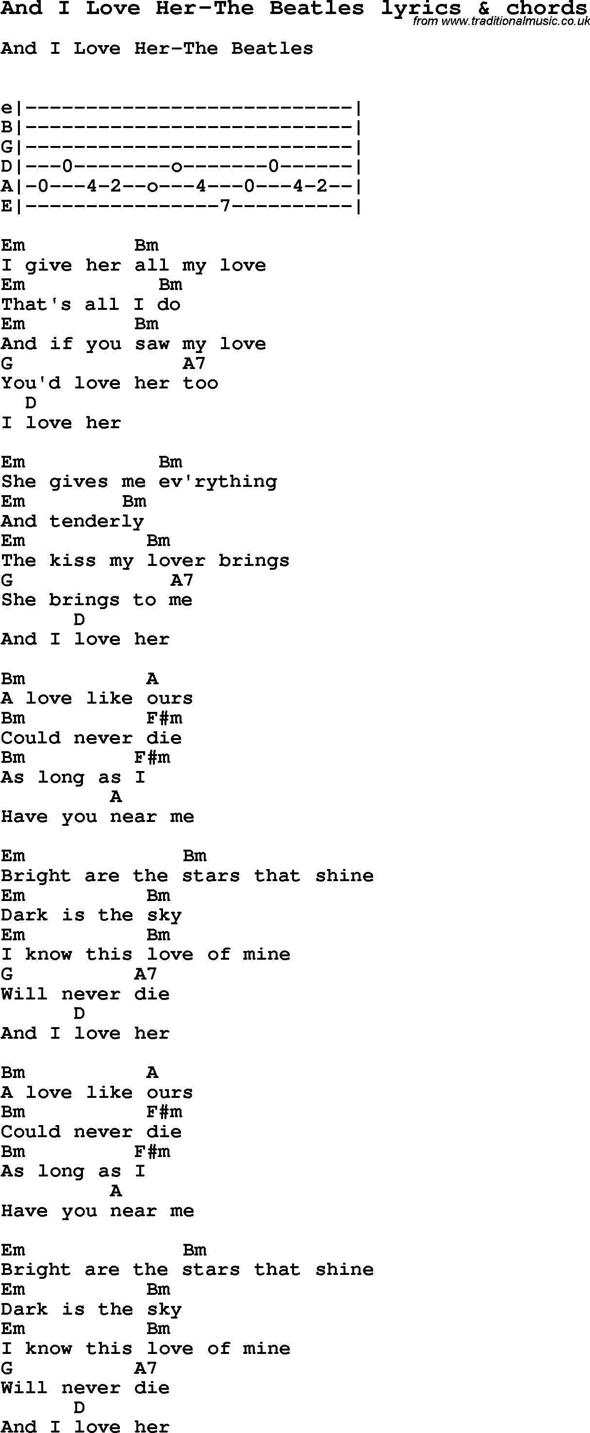 Love Song Lyrics For:and I Love Her-The Beatles With Chords. - Free Printable Song Lyrics With Guitar Chords