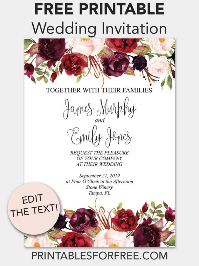 Marsala Floral Printable Wedding Invitation | Invitations - Free - Free Printable Wedding Invitations Templates Downloads
