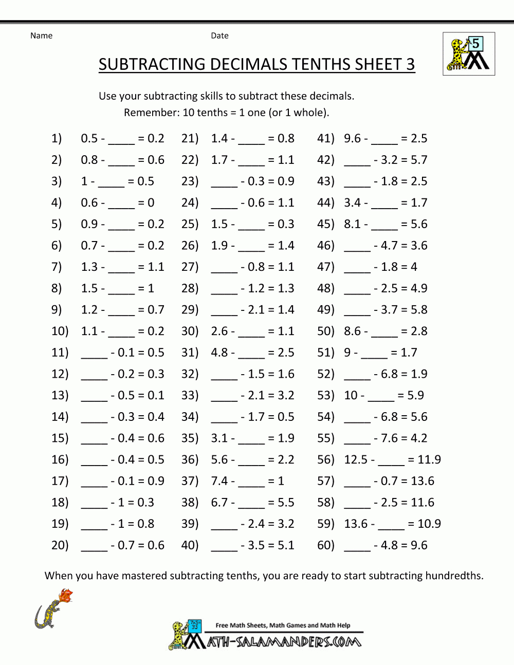 Math Worksheets Decimals Subtraction - Free Printable Math Worksheets For Adults