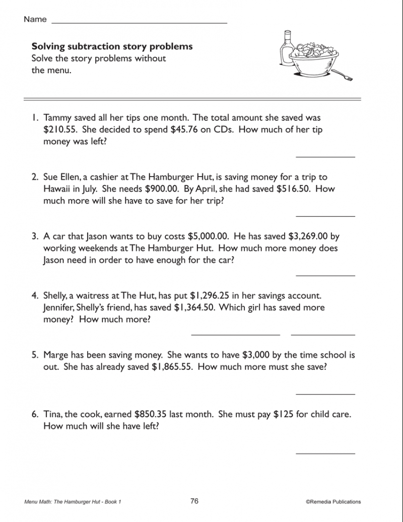 Menu Math Worksheets Printable