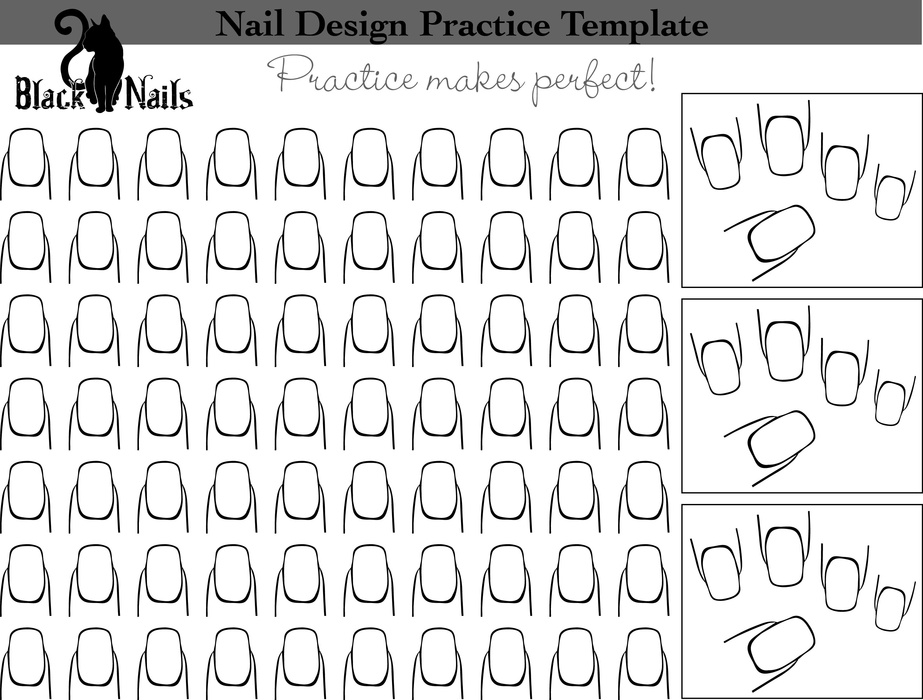 Nail Art Design Practice Templates Or Sheets - All Versions | Black - Free Printable Nail Art Designs