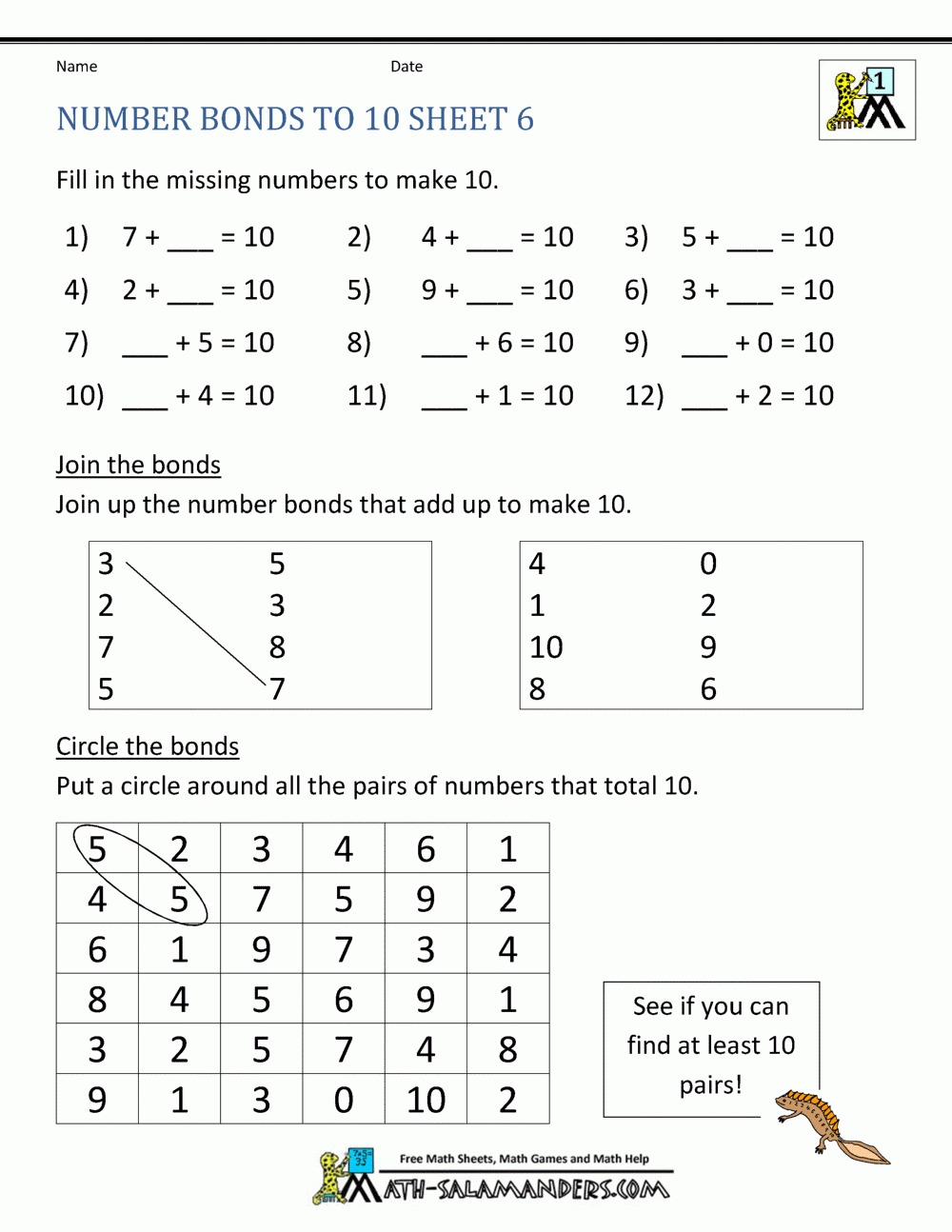 Number Bonds To 10 Worksheets Free Printable Number Bond Template 