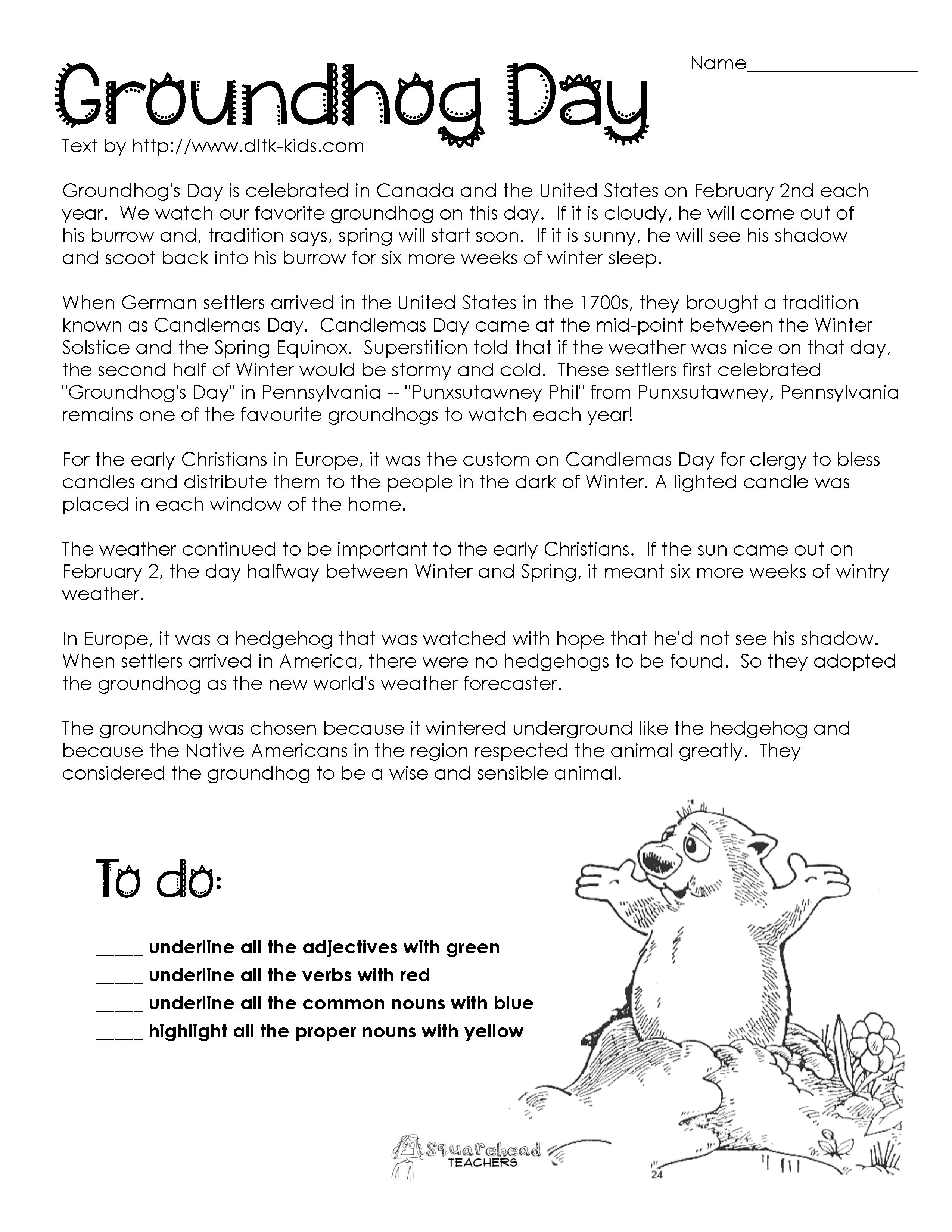 Free Printable Groundhog Day Reading Comprehension Worksheets | Free