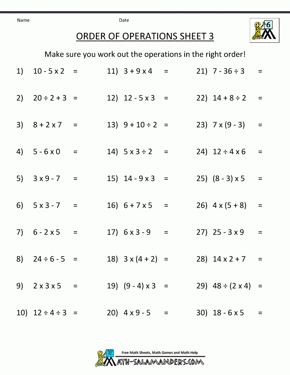 Pemdas Worksheets Order Of Operations 3 | Math 1 | Math - Order Of Operations Free Printable Worksheets With Answers