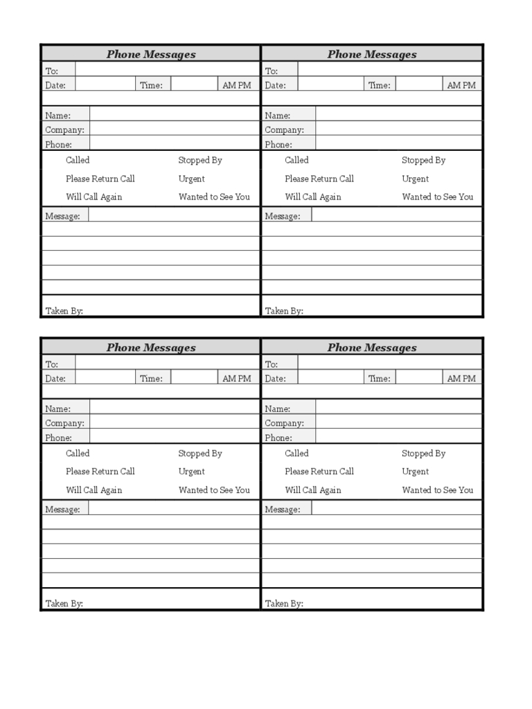 Printable Phone Message Template Word