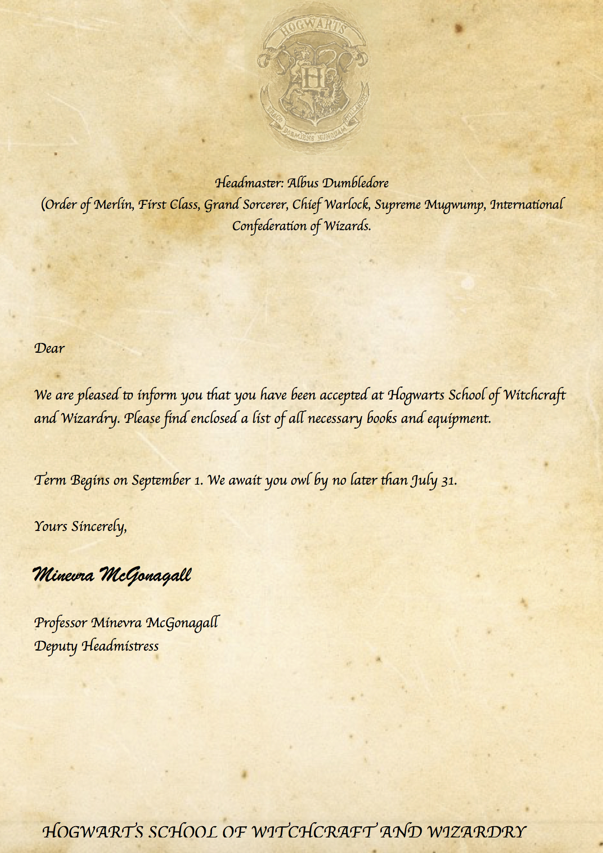 Hogwarts Acceptance Letter Template Free Printable Free Printable