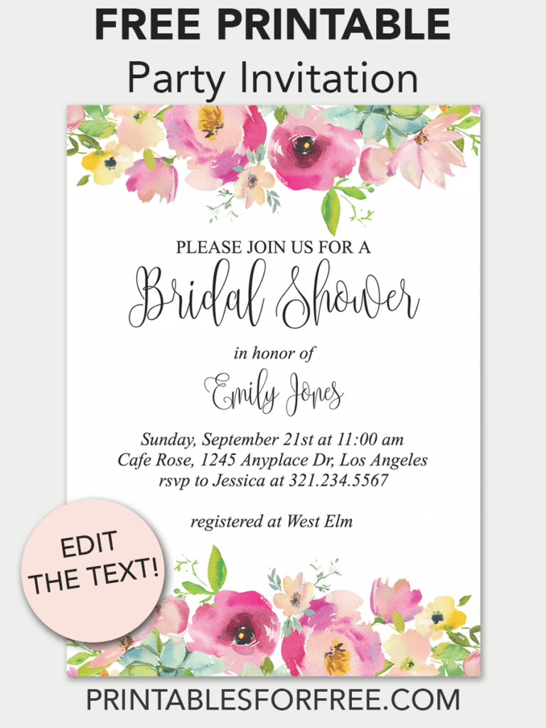 Pink Floral Printable Bridal Shower Invitation | Invitations - Free - Free Printable Event Invitations