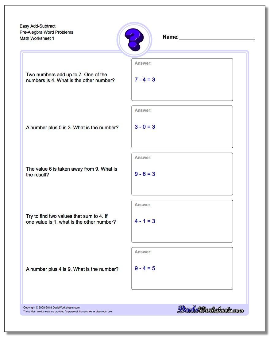 Pre-Algebra Word Problems - Free Printable Algebra Worksheets Grade 6