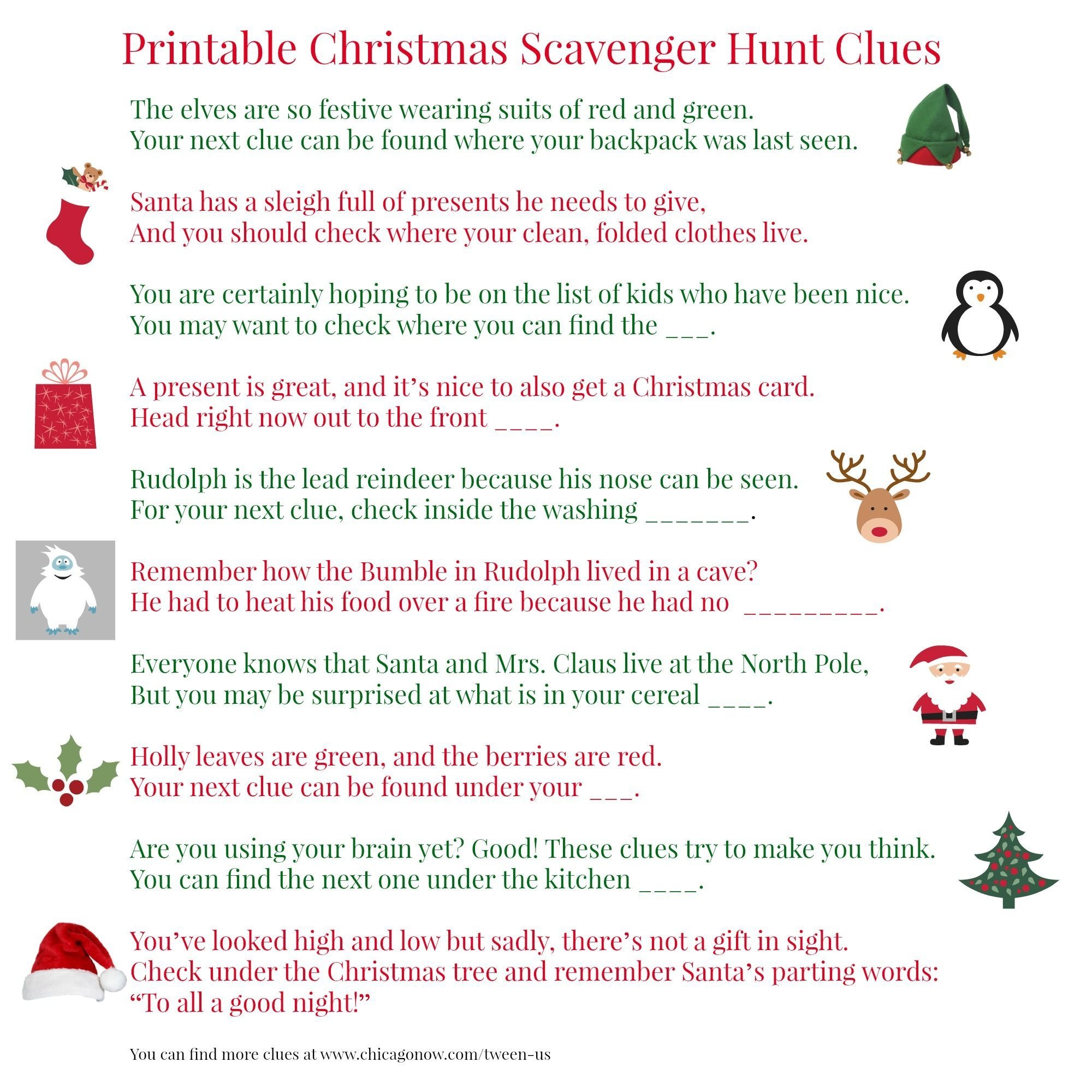 Printable Christmas Scavenger Hunt Clues For Present Finding Fun - Free Printable Christmas Treasure Hunt Clues
