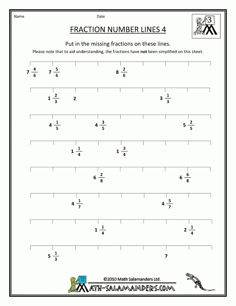 Printable Fraction Worksheets Fraction Number Lines 4 | Homeschool - Free Printable Fraction Worksheets Ks2