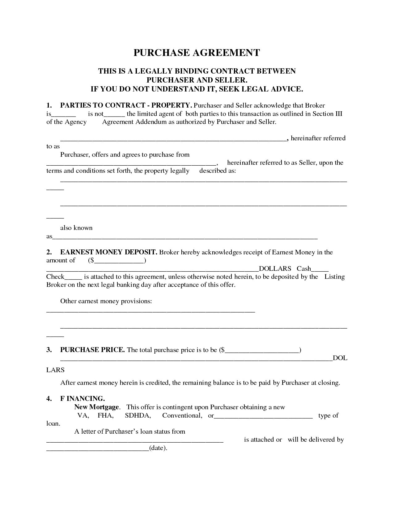 Free Printable Purchase Agreement Template