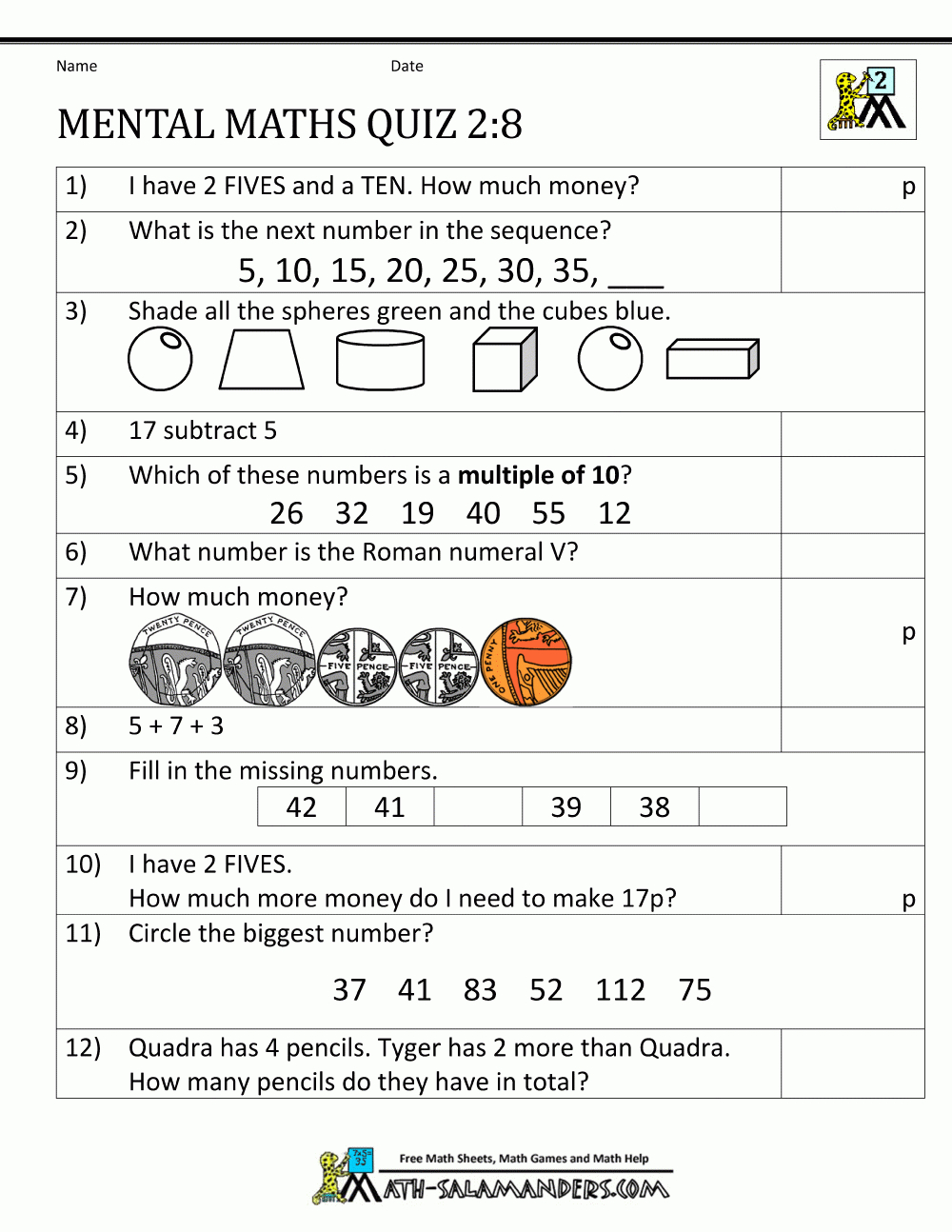 Printable Mental Maths Year 2 Worksheets - Free Printable Math Workbooks