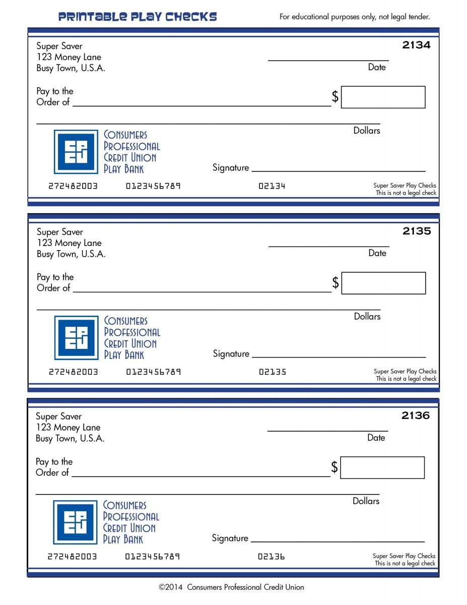 Printable Play Checks. Consumers Professional Credit Union. | Family - Free Printable Play Checks