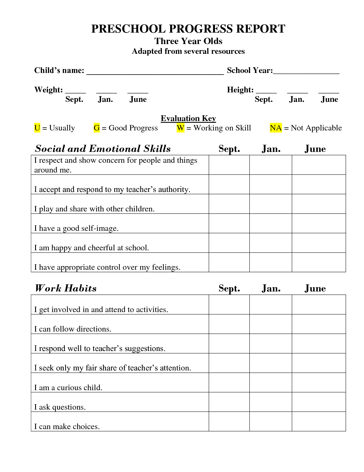 Printable Preschool Progress Report Template | Kg | Preschool Daily - Free Printable Report Cards