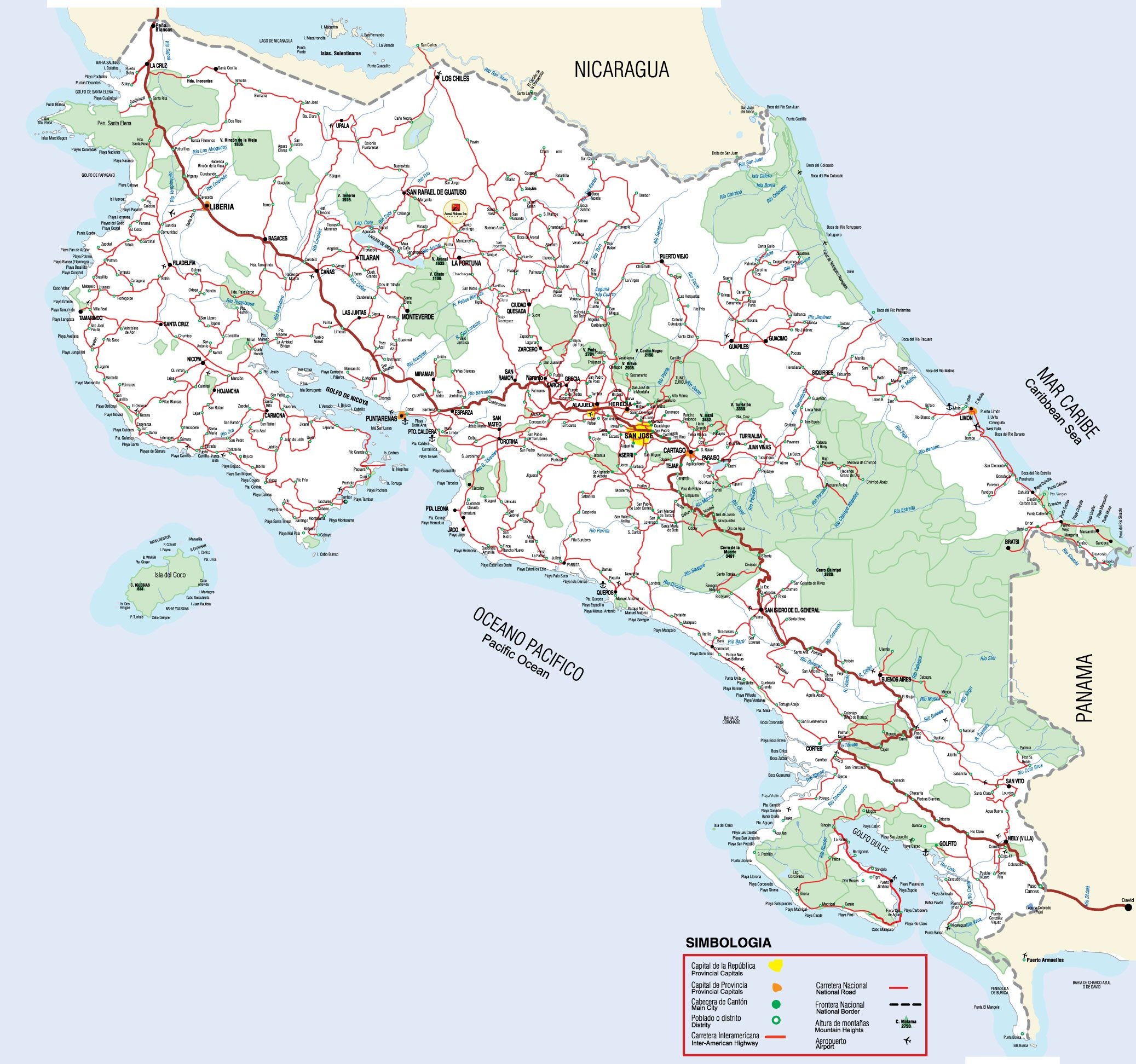 Printable Road Map Of Costa Rica | Detailed Road Map Of Costa Rica - Free Printable Map Of Costa Rica