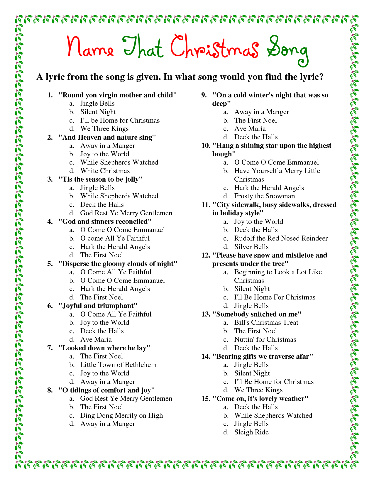 Free Printable Christmas Song Picture Game Printable Word Searches