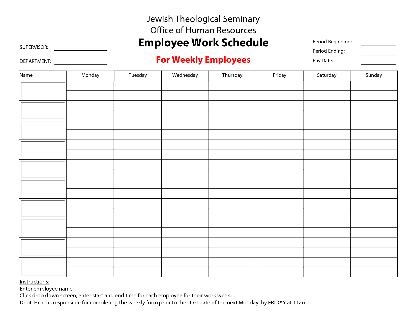 one week work schedule template