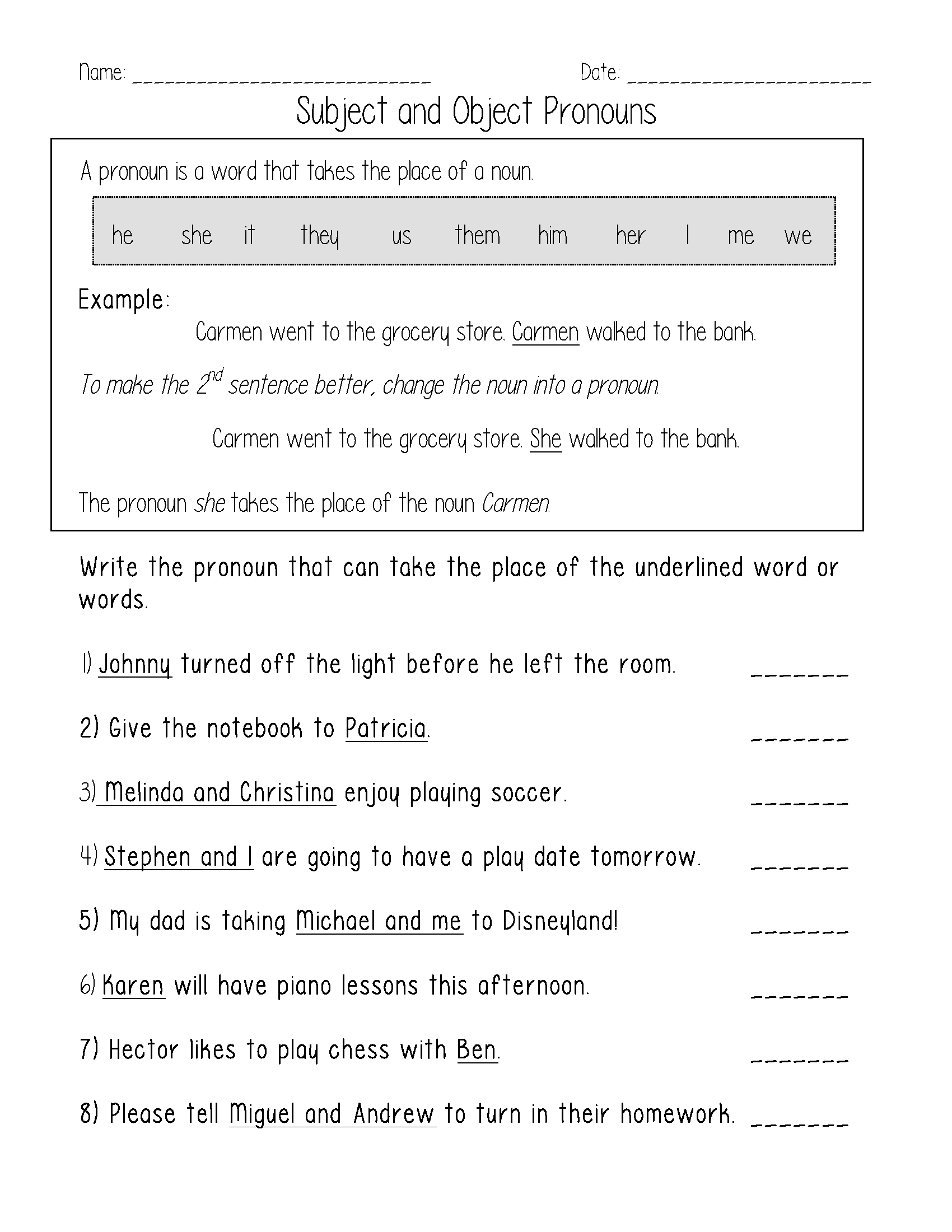 Pronoun Worksheets Grade 3 Pdf