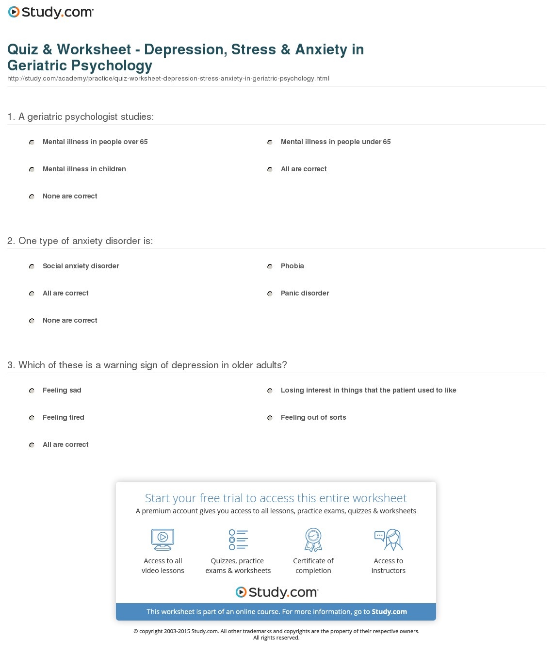 Quiz &amp;amp; Worksheet - Depression, Stress &amp;amp; Anxiety In Geriatric - Free Printable Worksheets On Depression