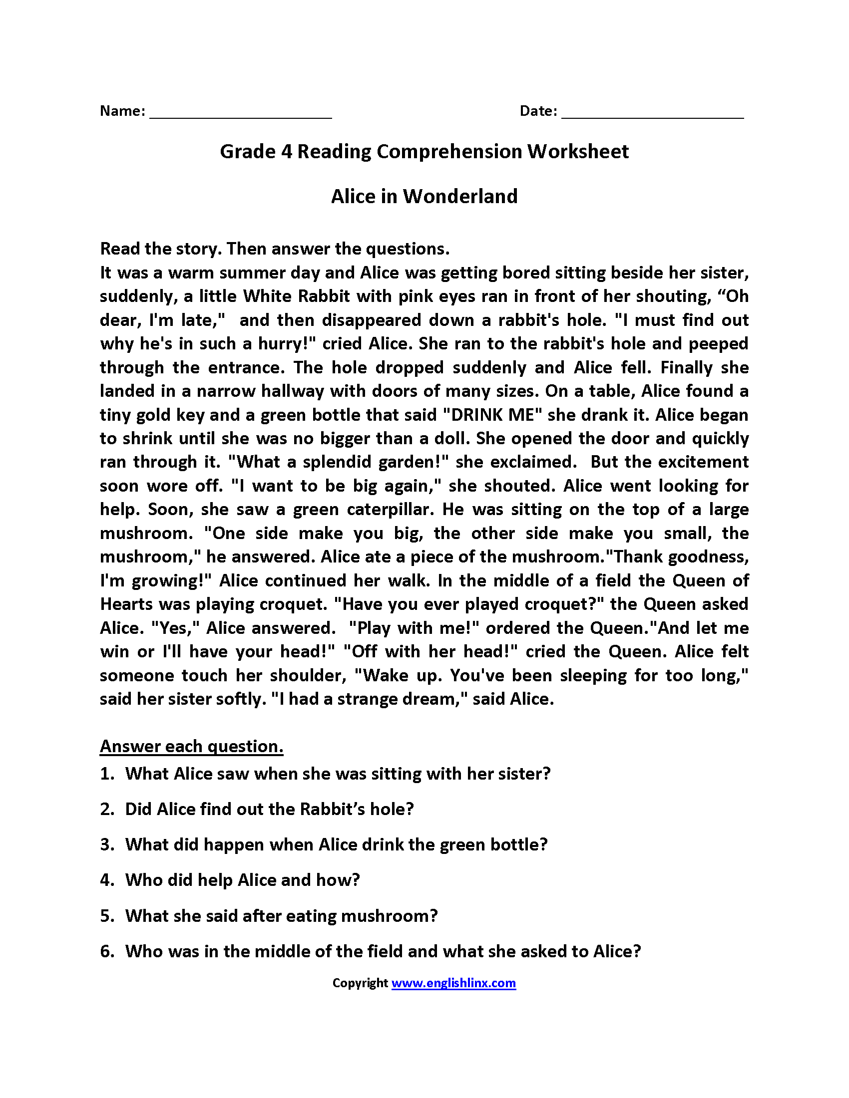Free Printable 4Th Grade Reading Worksheets | Free Printable