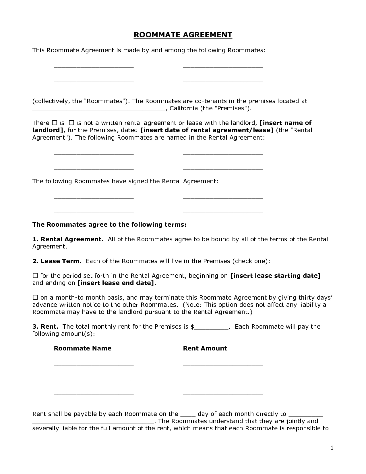 Renters Agreement Form - Docbgf31721 - Roommate Agreement - Free Printable Roommate Rental Agreement