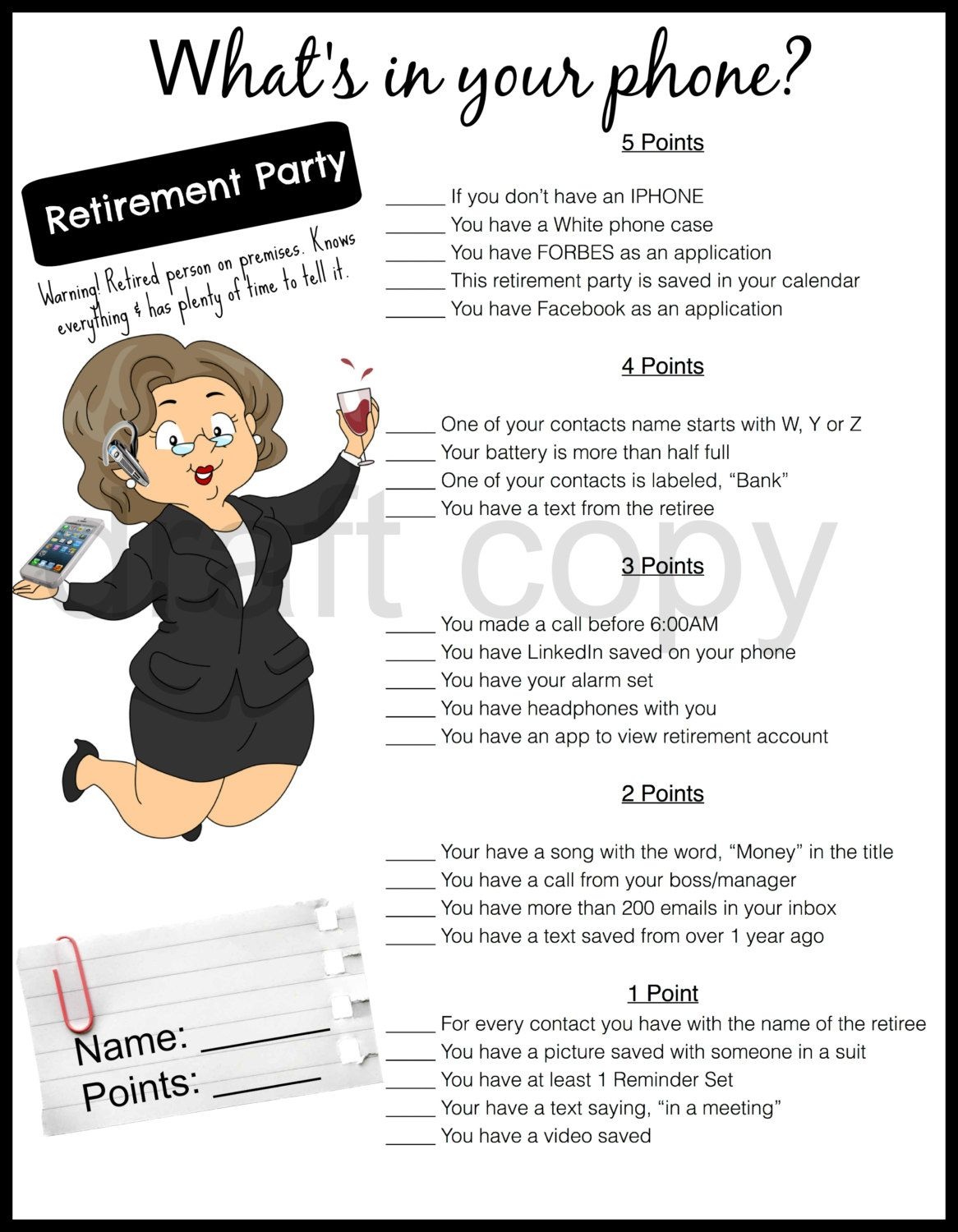 Retirement Party Game-Whats In Your Phone | Retirement Party Games - Retirement Party Games Free Printable