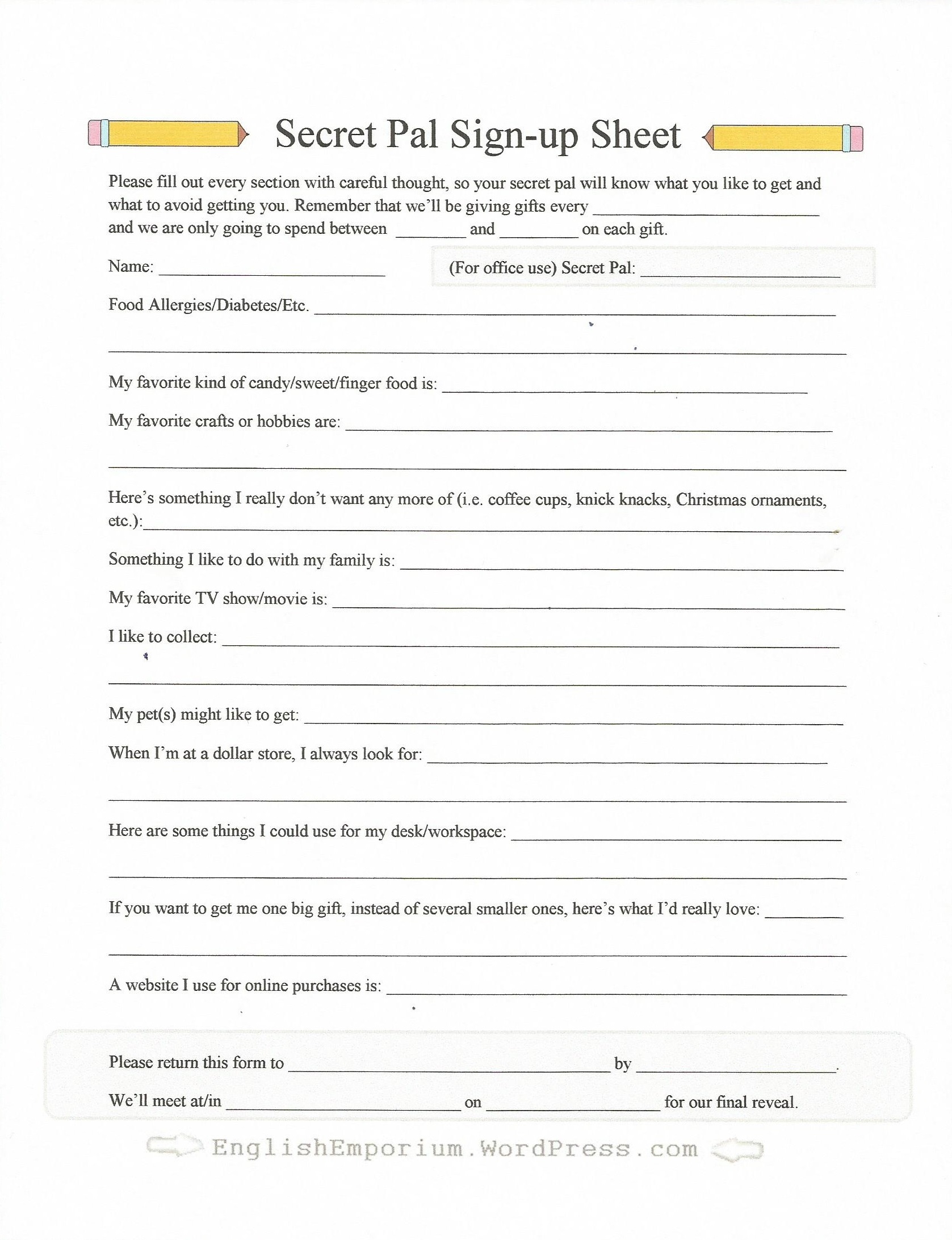 Free Printable Secret Pal Forms Free Printable