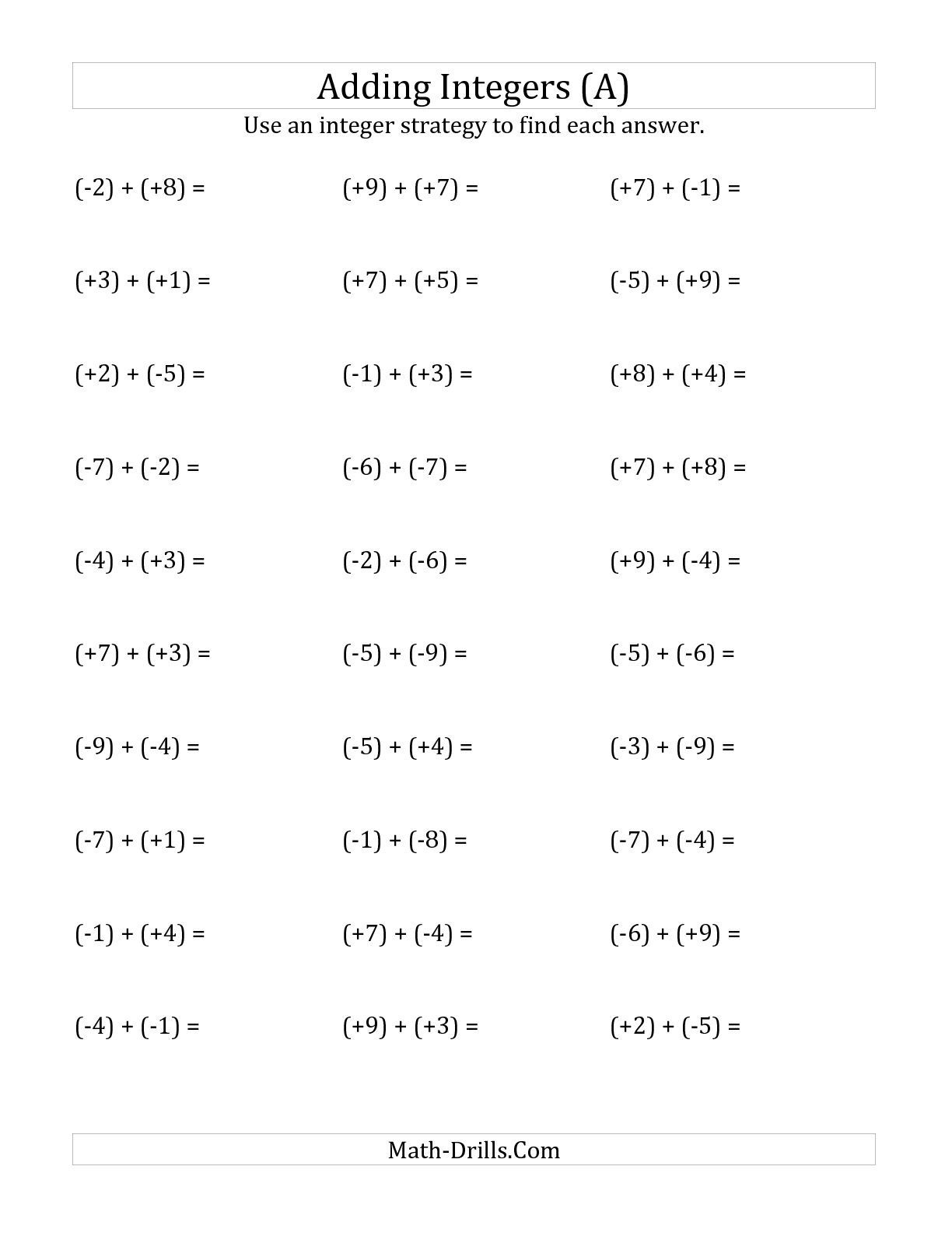 The Adding Integers From (-9) To (+9) (All Numbers In Parentheses - Free Printable Integer Worksheets Grade 7
