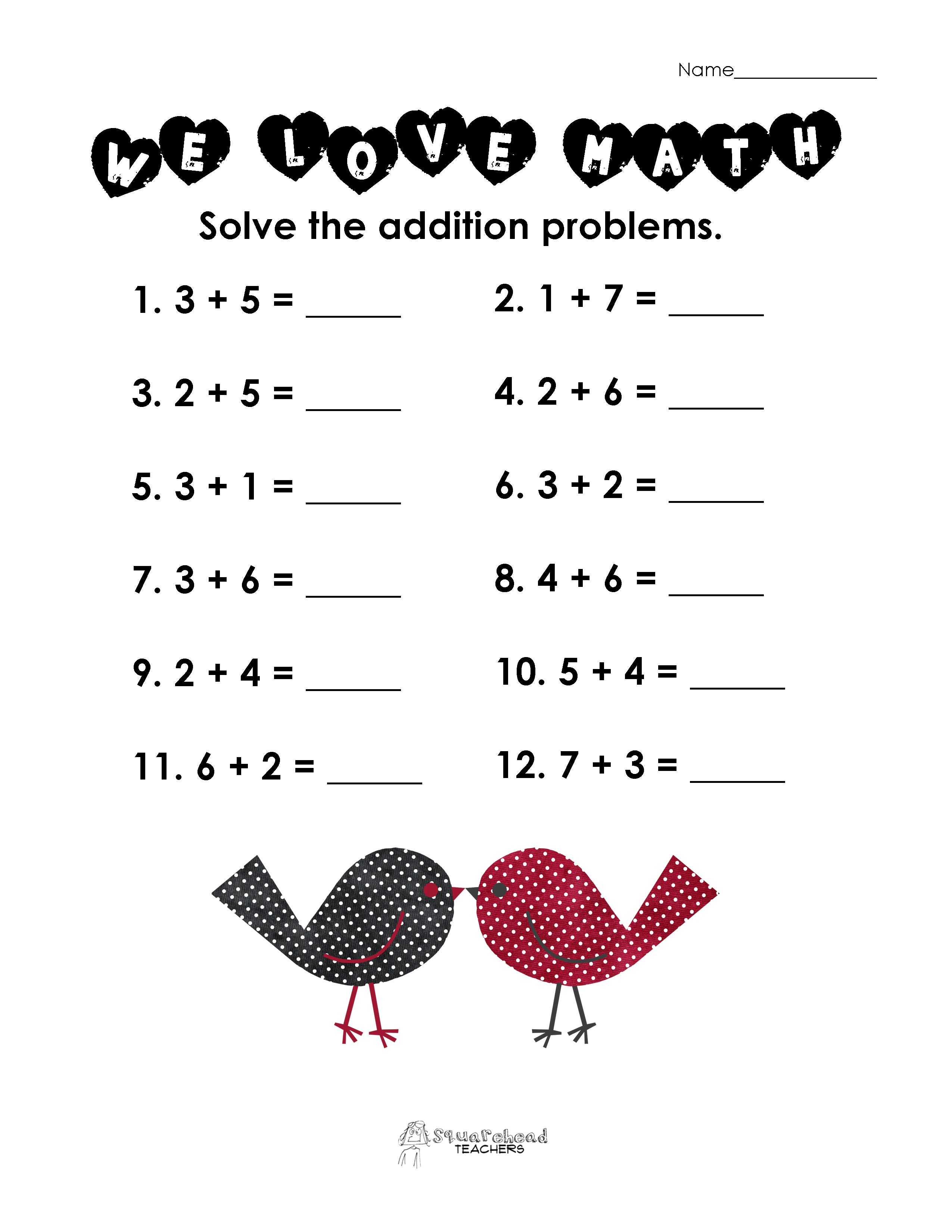 Valentine's Day Math Simple Addition Worksheet | Squarehead Teachers - Free Printable Valentine Math Worksheets