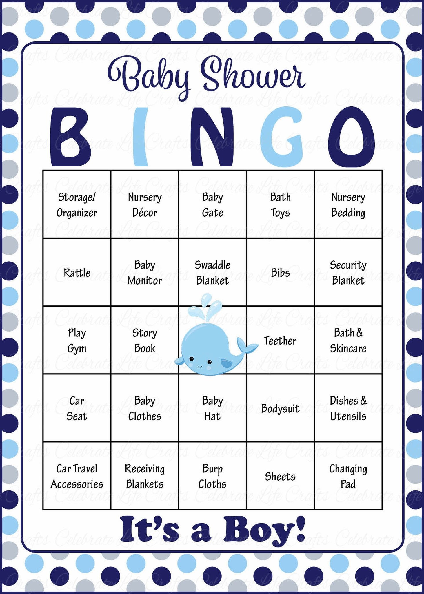 Whale Baby Bingo Cards - Printable Download - Prefilled - Baby - Free Printable Baby Shower Bingo