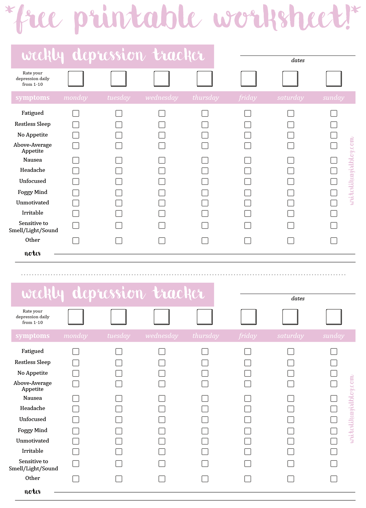 Writes Like A Girl - How I Track Depression (And How You Can Too!) + - Free Printable Worksheets On Depression