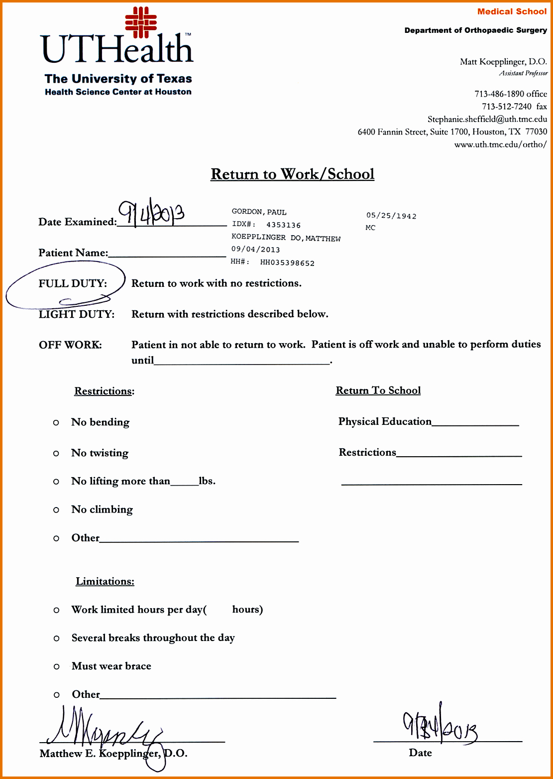 Doctor Printable Return To Work Form