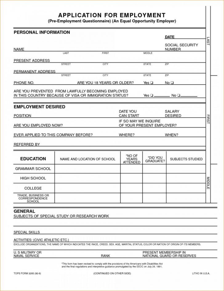 Free Printable General Application For Employment