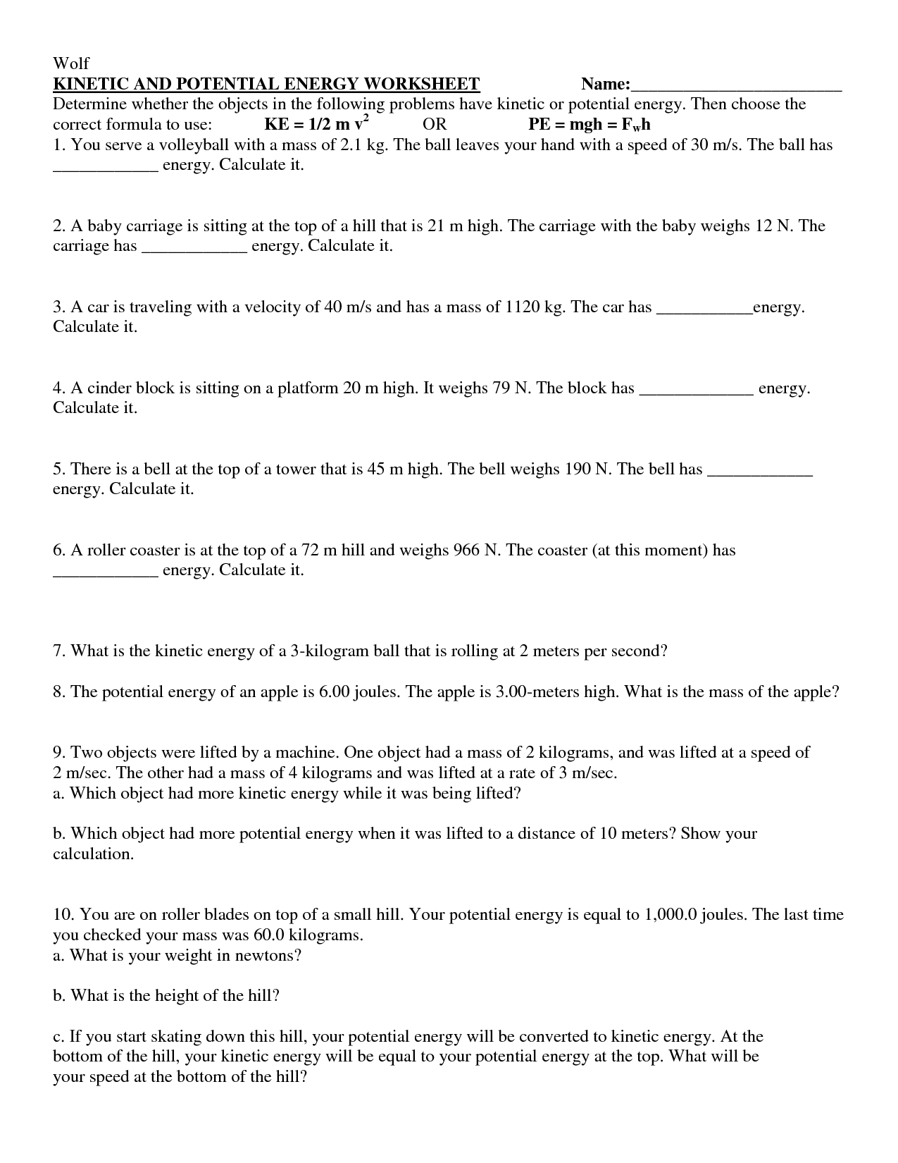 14 Best Images Of Worksheets Potential And Kinetic Energy Potential - Free Printable Worksheets On Potential And Kinetic Energy