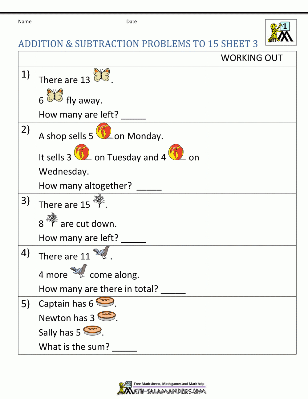 1st Grade Math Word Problems Printable Worksheets