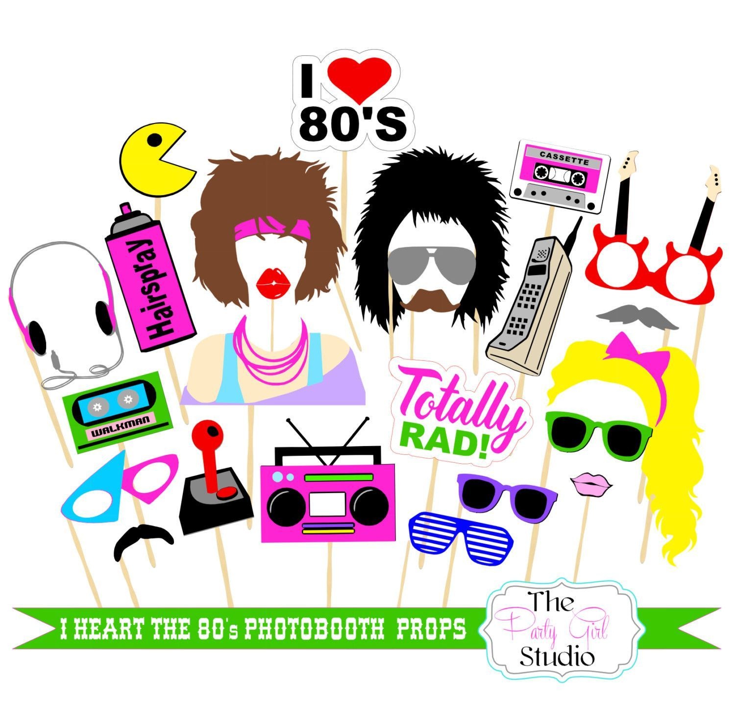 23Pc I Heart The 80&amp;#039;s Themed Photo Booth Props/wedding Photobooth - 80S Photo Booth Props Printable Free