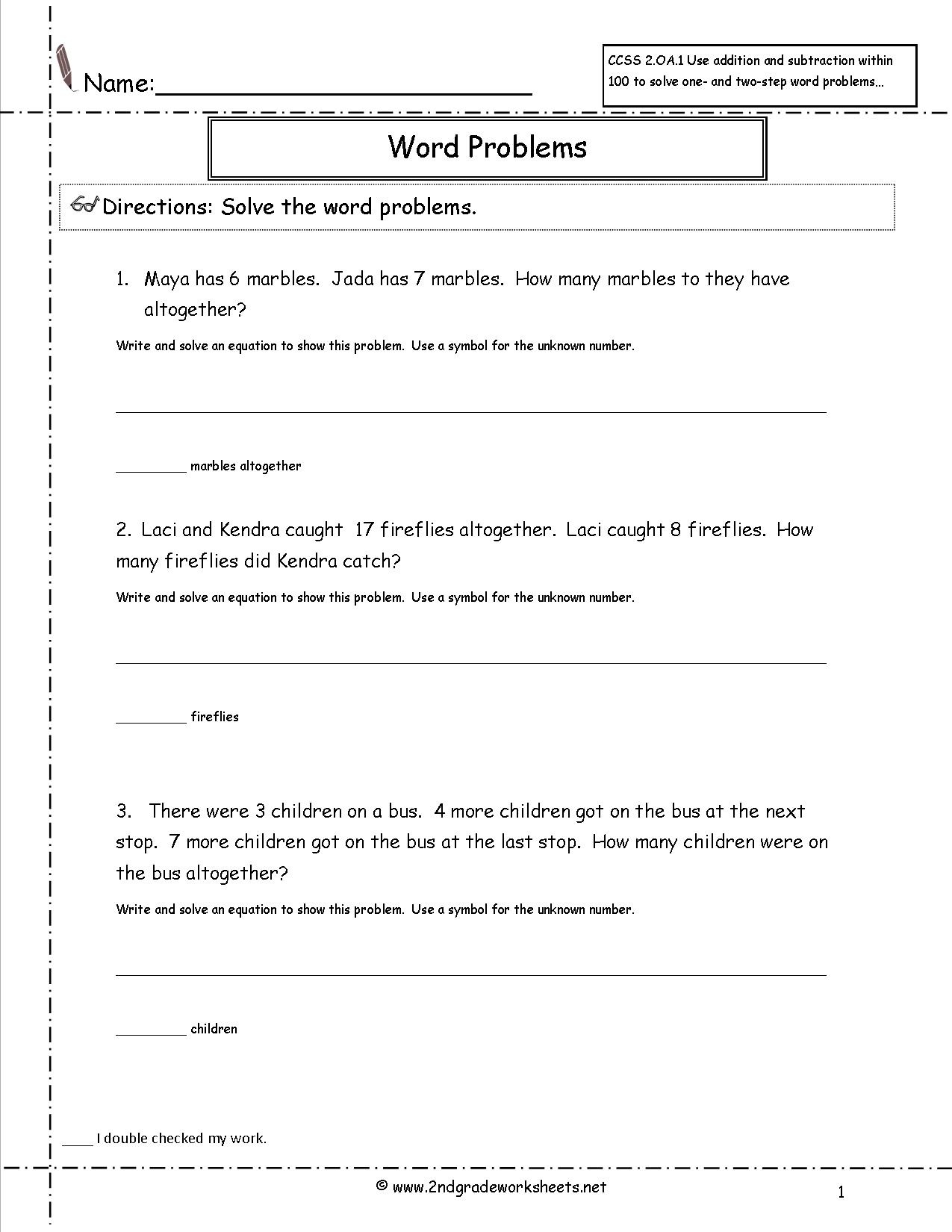 2Nd Grade Math Common Core State Standards Worksheets - Free Printable Math Word Problems For 2Nd Grade