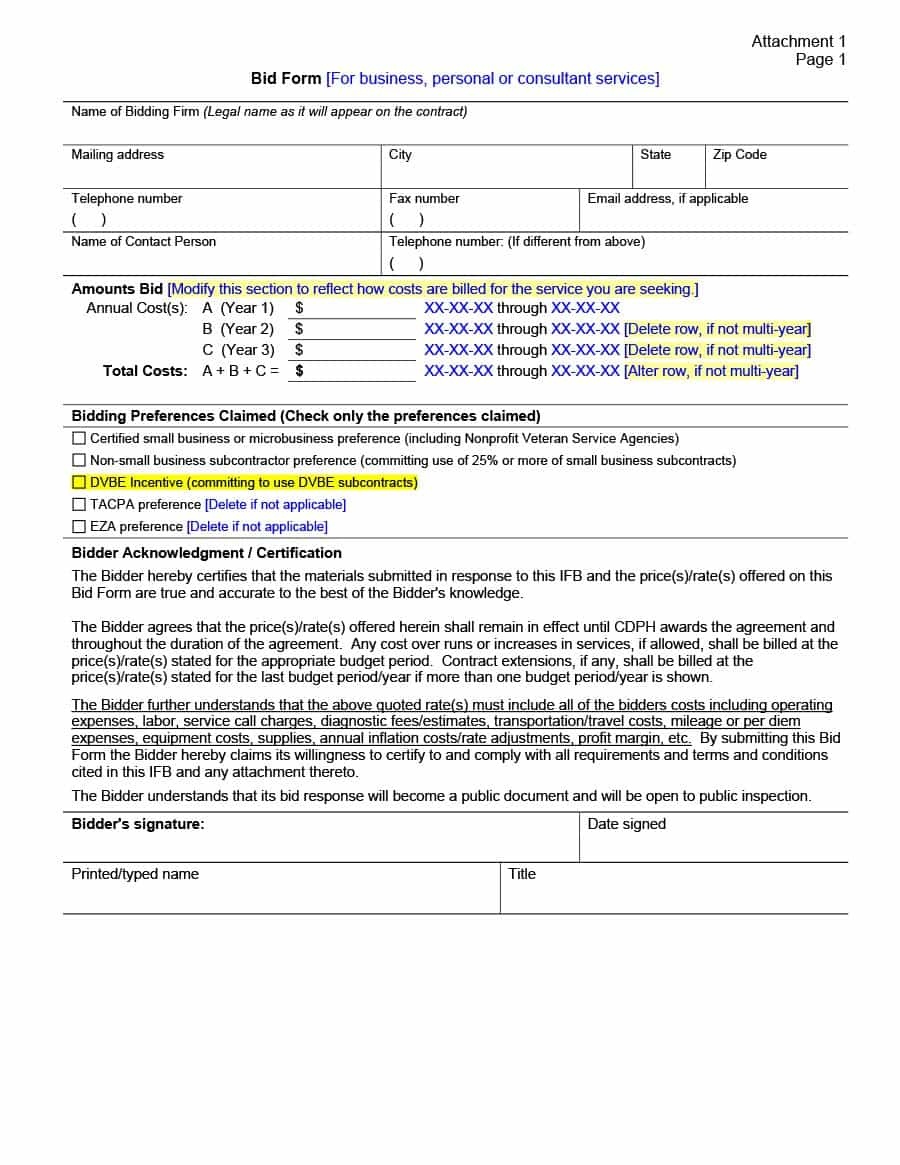 Printable Bid Proposal Forms Printable Forms Free Online