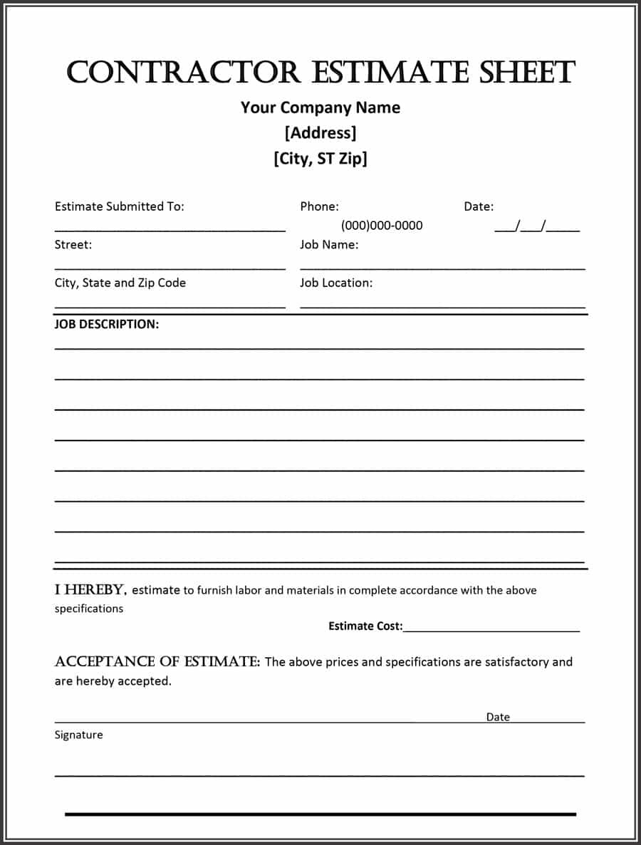 Construction Free Printable Estimate Forms Printable Forms Free Online