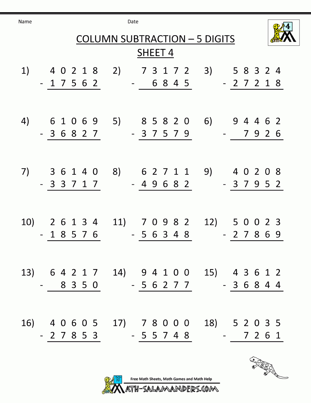 5 Digit Subtraction Worksheets - Free Printable Math Sheets